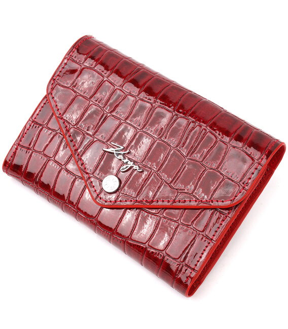 Лакированный горизонтальный женский кошелек с монетницей из натуральной кожи под крокодила KARYA 21073 Бордовый фото, картинка, 