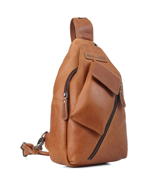 Сумка-слінг чоловіча шкіряна Hill Burry HB15059B з передньою кишенею коньячна фото, картинка, изображение