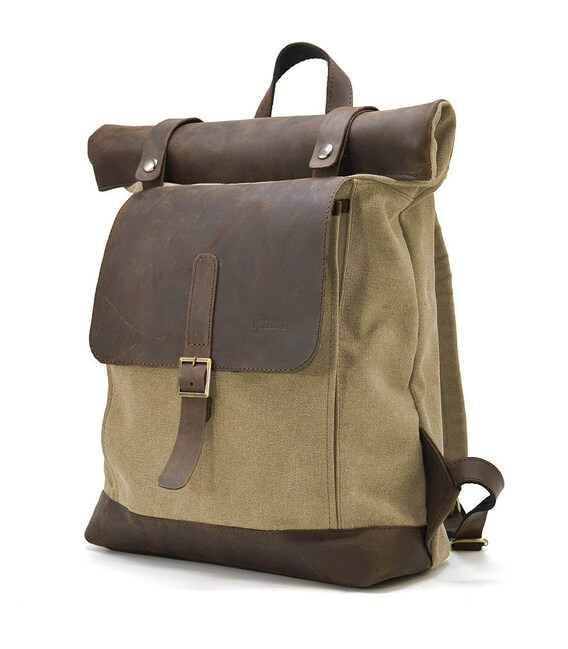 Ролл-ап рюкзак зі шкіри та пісочний канвас TARWA RCs-5191-3md фото, картинка, изображение