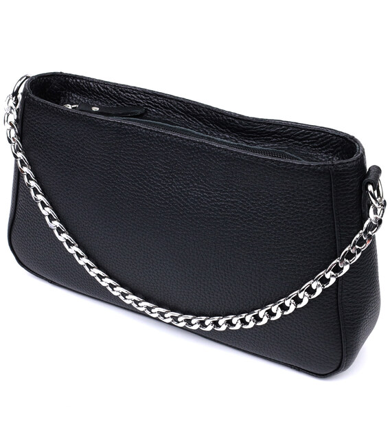 Женская сумка багет с цепочкой и съемным ремешком из зернистой натуральной кожи Shvigel 22837 Черная фото, картинка, изображение