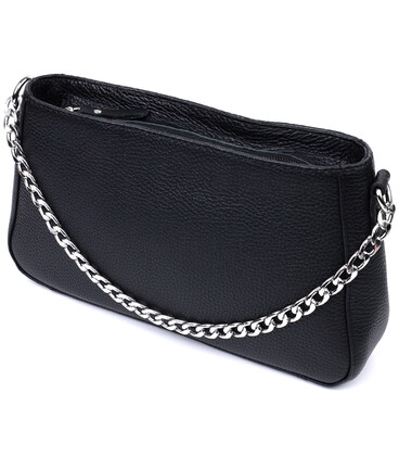 Жіноча сумка багет з ланцюжком і ремінцем що знімається з зернистої натуральної шкіри Shvigel 22837 Чорна картинка, зображення, 