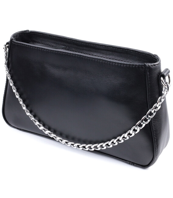 Жіноча сумка багет з ланцюжком і ремінцем, що знімається з гладкої натуральної шкіри Shvigel 22838 Чорна картинка, зображення, ф