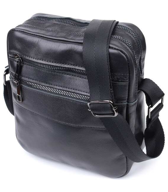 Класична чоловіча сумка месенджер із глянсової натуральної шкіри Shvigel 22846 Чорна картинка, зображення, фото