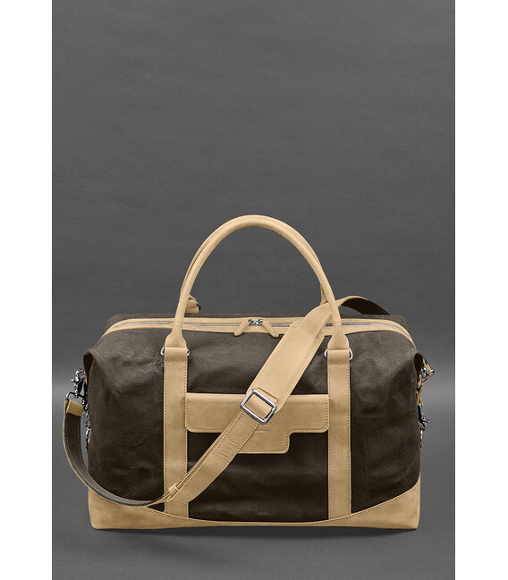Дорожная сумка из коричневого канваса и натуральной светло-бежевой кожи Crazy Horse фото, картинка, изображение