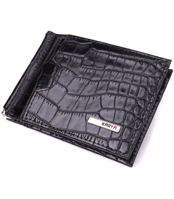 Удобный мужской зажим из натуральной фактурной кожи под крокодила KARYA 22886 Черный фото, картинка, изображение