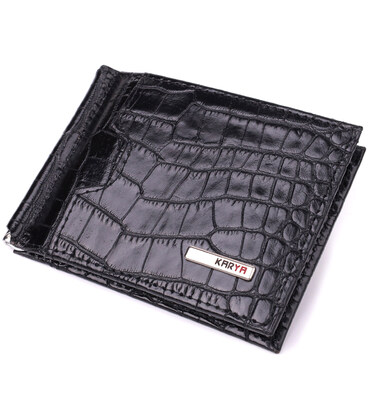 Удобный мужской зажим из натуральной фактурной кожи под крокодила KARYA 22886 Черный фото, картинка, изображение