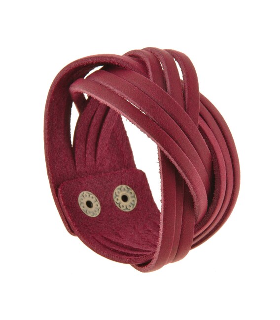 Женский кожаный браслет косичка бордовый фото, картинка, изображение