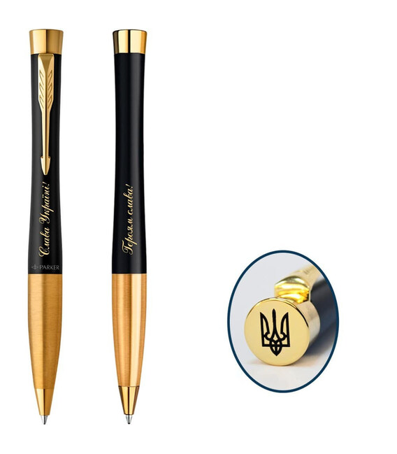 Ручка шариковая Parker URBAN Muted Black GT BP Трезубец на торце + Слава Україні 30035_T011y фото, картинка, изображение