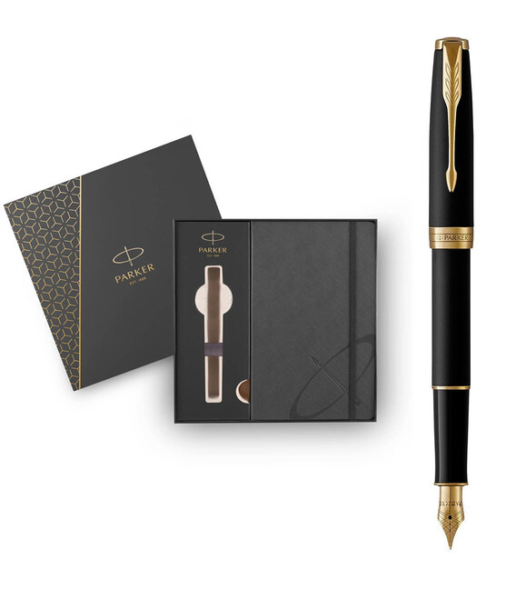 Набор Parker SONNET Matte Black Lacquer GT FP F (перьевая ручка + блокнот Parker) фото