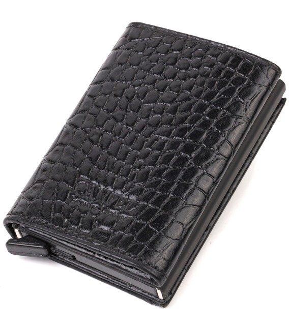 Картхолдер унисекс в три сложения с автоматическим механизмом из натуральной кожи с тиснением под крокодила CANPELLINI 21930 Чер