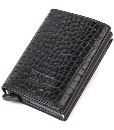 Картхолдер унісекс у три складання з автоматичним механізмом з натуральної шкіри з тисненням під крокодила CANPELLINI 21930 Чорн