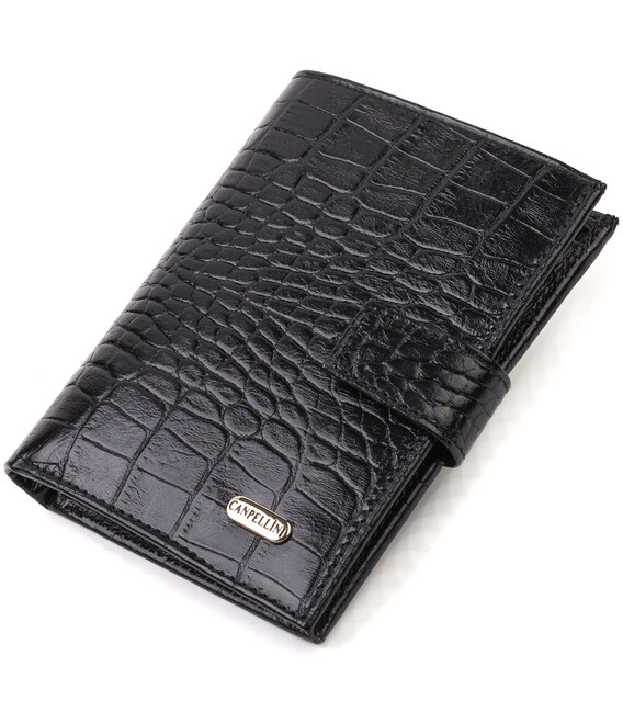 Стильный вертикальный мужской кошелек среднего размера из натуральной кожи с тиснением под крокодила CANPELLINI 21736 Черный фот