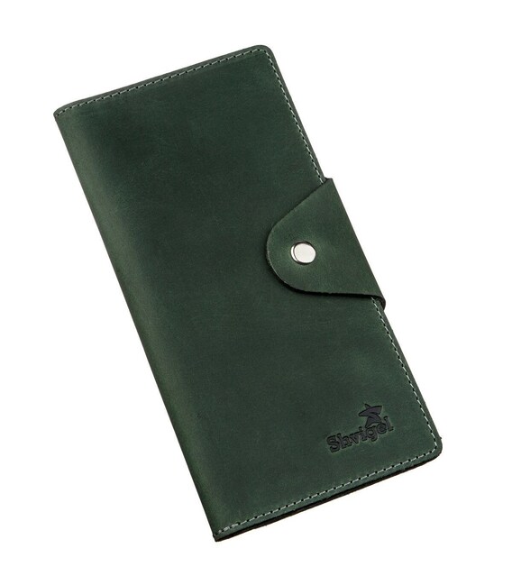 Бумажник унисекс вертикальный из винтажной кожи на кнопках SHVIGEL 16179 Зеленый фото, картинка, изображение