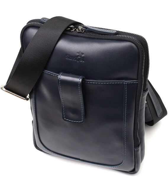 Стильная мужская сумка через плечо из натуральной кожи SHVIGEL 22142 Синяя фото, картинка, изображение
