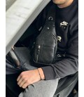 Кожаный черный мужской слинг 18х32х7, сумка рюкзак на одно плече TIDING BAG A25F-617-1A черная фото, картинка, изображение