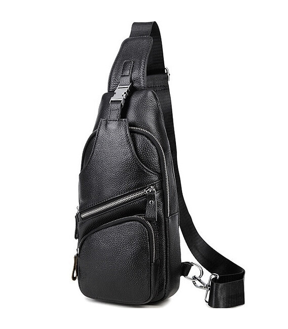 Сумка-слінг чоловіча на плече 17х32х7, нагрудний шкіряний рюкзак для міста TIDING BAG MK16094 чорний картинка, зображення, фото