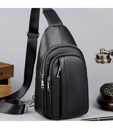 Чоловічий шкіряний слінг на одне плече 18х32х7, сумка крос боді TIDING BAG A25F-3204-1A чорна картинка, зображення, фото