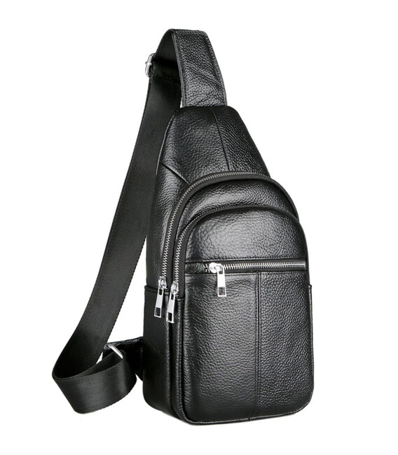 Мужской нагрудной кожаный слинг 18х32х7, сумка-рюкзак через плечо TIDING BAG-MK 83423 черная фото, картинка, изображение