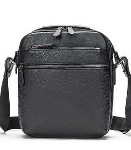 Чоловіча шкіряна сумка через плече 23х26х8, барсетка для телефону та документів Tiding Bag 711511 чорна картинка, зображення, фо