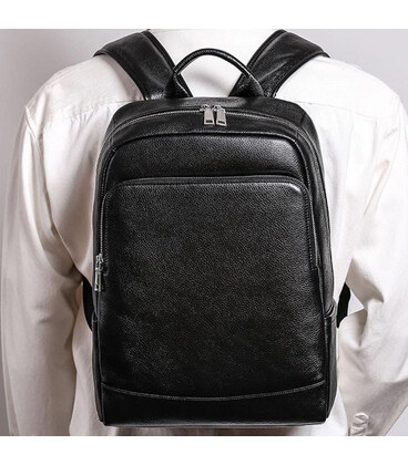 Чоловічий рюкзак шкіряний міський для ноутбука 28х40х14, сумка на спину для студента Tiding Bag, чорна картинка, зображення, фот