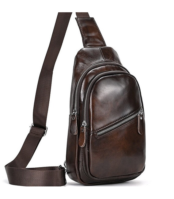 Чоловічий шкіряний слінг на одне плече 18х32х7, сумка-бананка для міста TIDING BAG 62867 коричнева картинка, зображення, фото