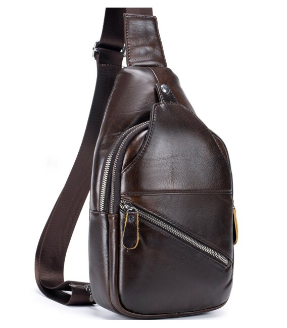 Мужской кожаный рюкзак на одно плечо 18х32х7, сумка-слинг для города TIDING BAG MK03983 коричневая фото, картинка, изображение