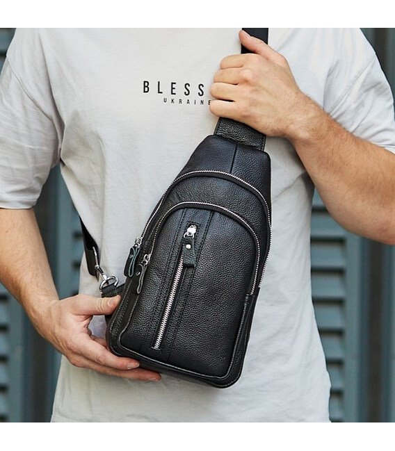 Сумка-слинг мужская на одно плечо 18х32х7, нагрудной рюкзак из натуральной кожи 74521 черный фото, картинка, изображение
