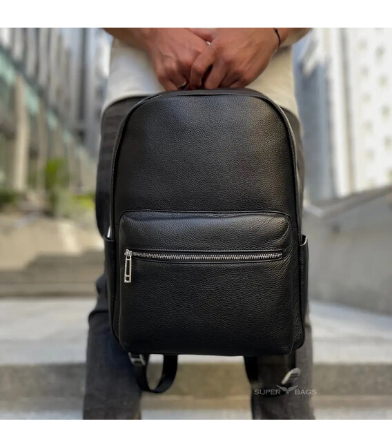 Кожаный мужской рюкзак городской 30х41х12, сумка на плечи для ноутбука и документов Tiding Bag 20334 черная фото, картинка, изоб