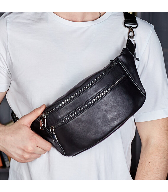 Стильна чоловіча бананка з натуральної гладкої шкіри 14х25х10, сумка нагрудна для телефону NM-50358 чорна картинка, зображення, 