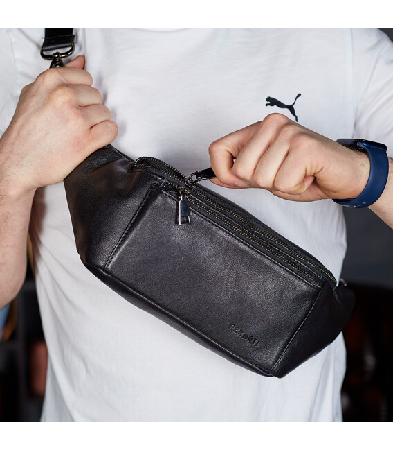 Сумка-бананка для телефона 11х25х8, стильный слинг из натуральной гладкой кожи TD-31848 черный фото, картинка, изображение