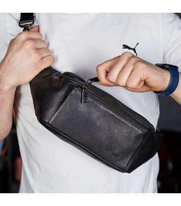 Сумка-бананка для телефона 11х25х8, стильный слинг из натуральной гладкой кожи TD-31848 черный фото, картинка, изображение