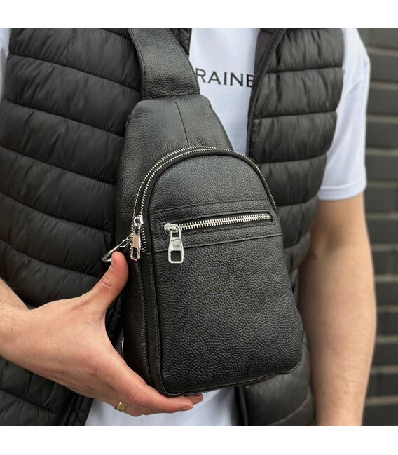 Чоловіча сумка-бананка через плече 18х32х7, рюкзак унісекс на груди з натуральної шкіри TIDING BAG 3280 чорний картинка, зображе