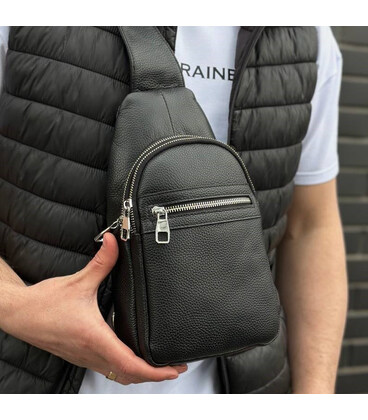 Мужская сумка-бананка через плечо 18х32х7, унисекс рюкзак на грудь с натуральной кожи TIDING BAG 3280 черный фото, картинка, изо