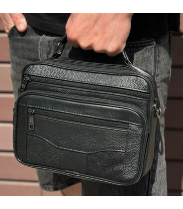 Мужская барсетка с ручкой 25x19x6.5, сумка кожаная с ремнем через плечо BEXHILL BX-14440B черная фото, картинка, изображение
