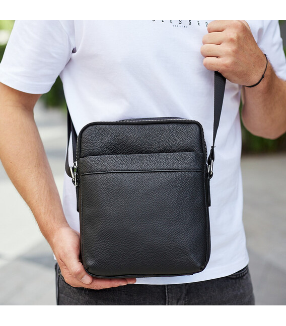 Мужская сумка-месенджер на два отделения 21х26х7, кожаная барсетка Tiding Bag 7459 черная фото, картинка, изображение