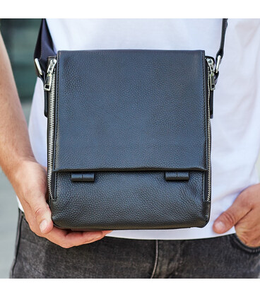 Шкіряна чоловіча сумка-месенджер 21x24x6, барсетка з натуральної шкіри Tiding Bag 9389 чорна картинка, зображення, фото
