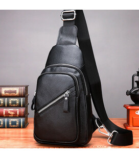 Чоловічий слінг через плече 18х32х7, шкіряна бананка нагрудна, сумка рюкзак Tiding Bag 33737 чорна картинка, зображення, фото