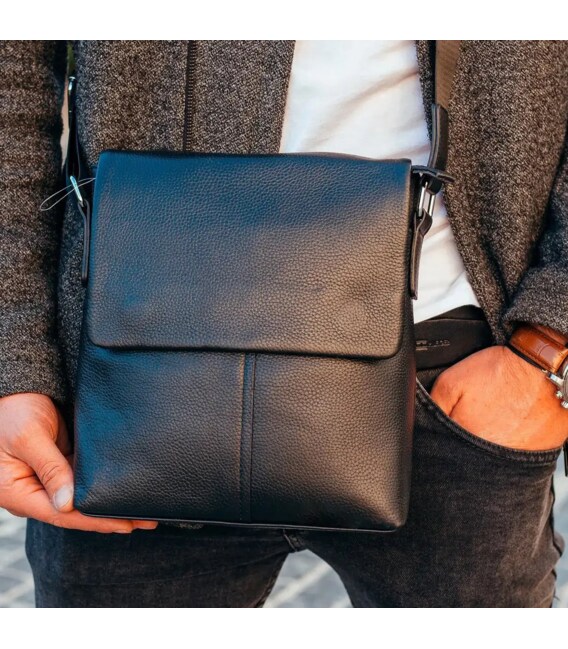 Мужской классический мессенджер 23х26х6, барсетка через плечо кожаный Tiding Bag 2862 черный фото, картинка, изображение