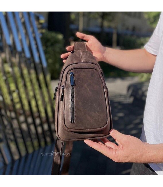 Мужской слинг из кожи 17х30х6, крейзи хорс для телефона 6349 коричневый фото, картинка, изображение