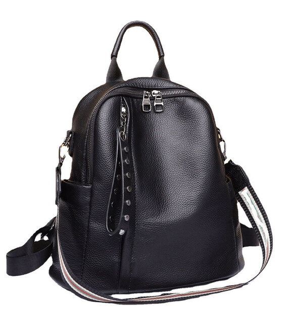 Шкіряний класичний жіночий рюкзак 26х32х15, наплічна сумка з багатьма відділеннями, чорна картинка, зображення, фото