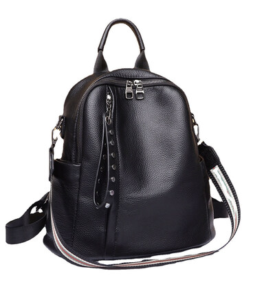 Кожаный классический женский рюкзак 26х32х15, плечевая сумка со многими отделениями, черная фото, картинка, изображение