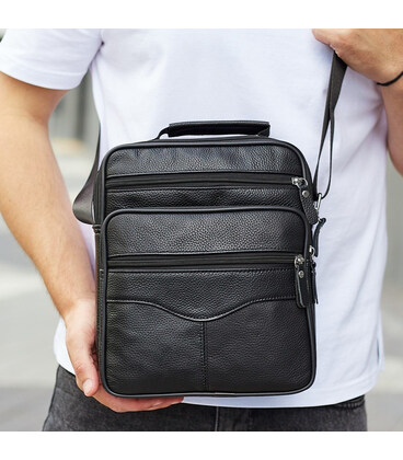 Мужская борсетка через плечо 23х27х9 / мессенджер наплечный из натуральной кожи, черный фото, картинка, изображение