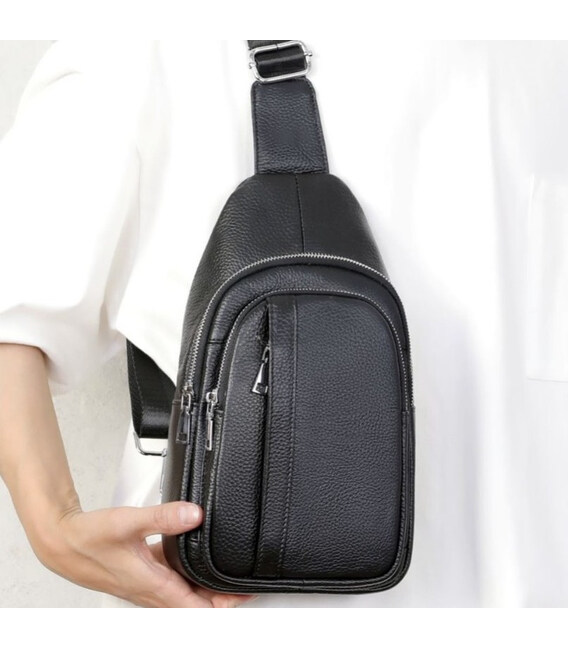 Чоловіча шкіряна сумка-бананка на одне плече 18х32х7, рюкзак слінг для телефону та дрібниці TIDING BAG 83228 чорний картинка, зо