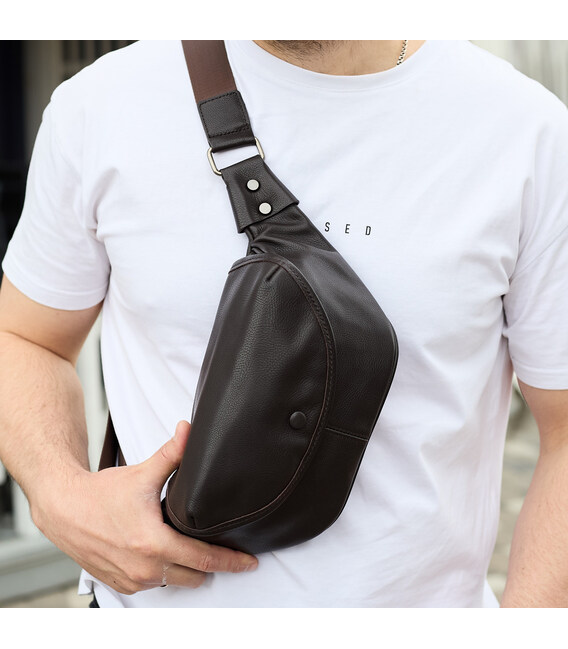 Чоловічий шкіряний рюкзак нагрудний для телефону 14х29х8, сумка бананка для міста та відпочинку 70101 чорна картинка, зображення