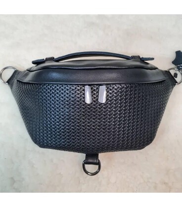 Стильна чоловіча бананка з натуральної гладкої шкіри 22х27х8, рюкзак нагрудний з принтом NM-58744 чорний картинка, зображення, ф