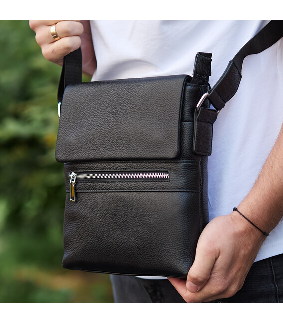 Мужская барсетка 23х26х6, мессенджер через плечо кожаный Tiding Bag 80471 черный фото, картинка, изображение