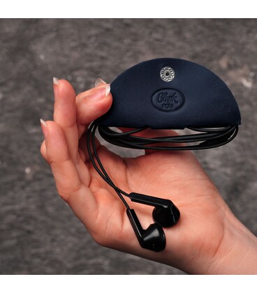 Шкіряний холдер для навушників та проводів синій картинка, зображення, фото