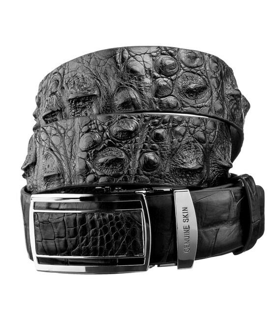 Ремень-автомат CROCODILE LEATHER 18239 из натуральной кожи крокодила Черный фото, картинка, изображение