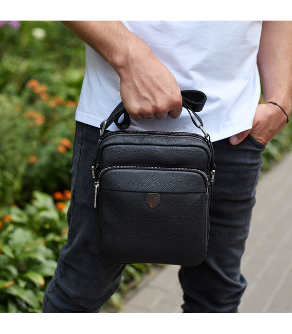 Чоловіча шкіряна сумка-барсетка 24х20х8, компактна сумочка на плече для чоловіка, наплічний месенджер, чорна картинка, зображенн