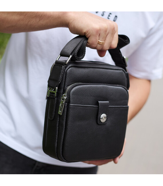 Мужская кожаная универсальная сумка 24х20х8, барсетка из кожи, сумочка для мужчин с регулировкой ручки, черная фото, картинка, и